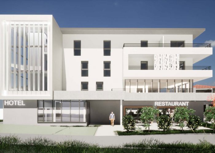 vision architecturale d'un projet de construction d'un hôtel comprenant des commerces et installations sportives